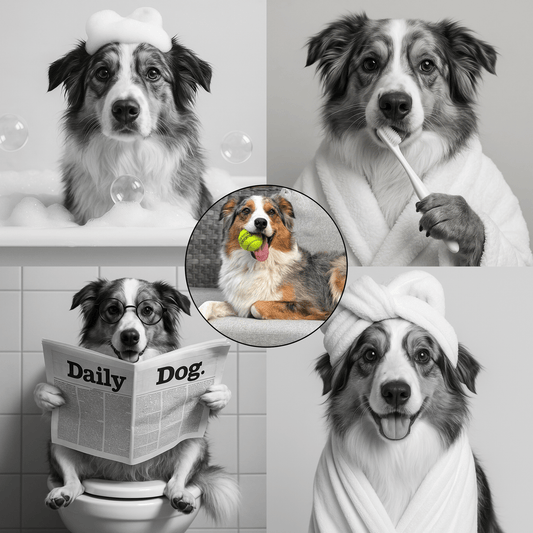 Humor Huisdier Zwart Wit Portret Serie van vier items - Badkamer