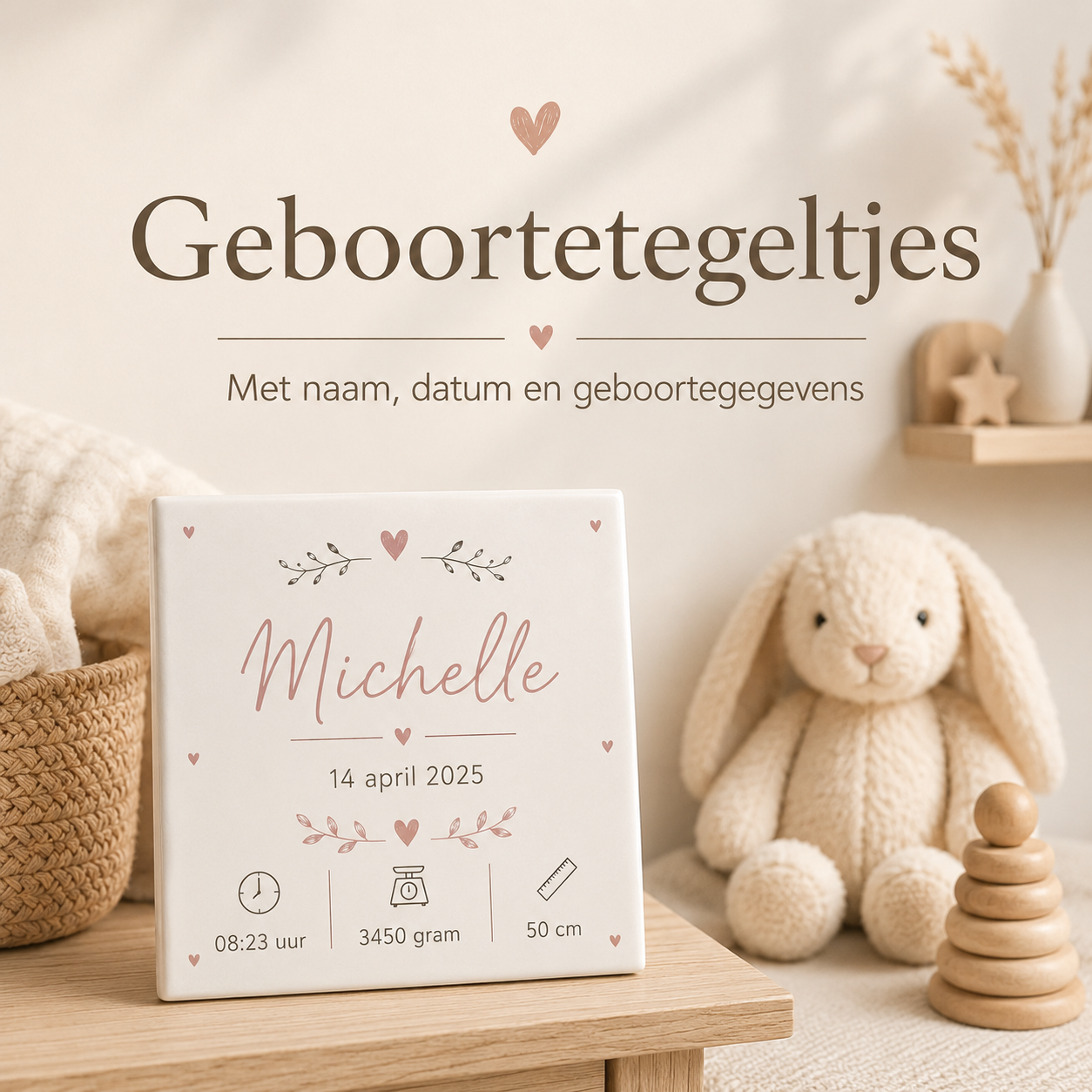 Geboortetegeltjes met naam en geboortegegevens volledig gepersonaliseerd. 
