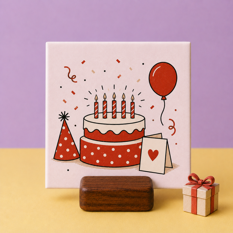 Cadeau voor verjaardag of feest. Een gepersonaliseerd tegeltje met tekst voor iemand die jarig is.