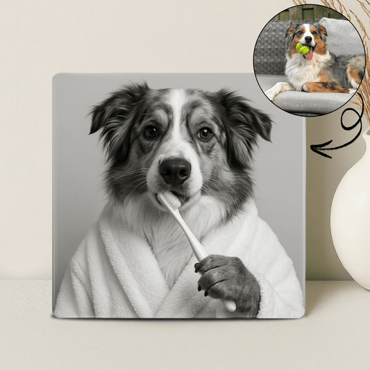 Humor Huisdier Portret Zwart Wit Serie - Tanden Poetsen - Printazzy