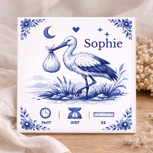 Geboorte Tegel - Delfts blauw geïnspireerd met ooievaar