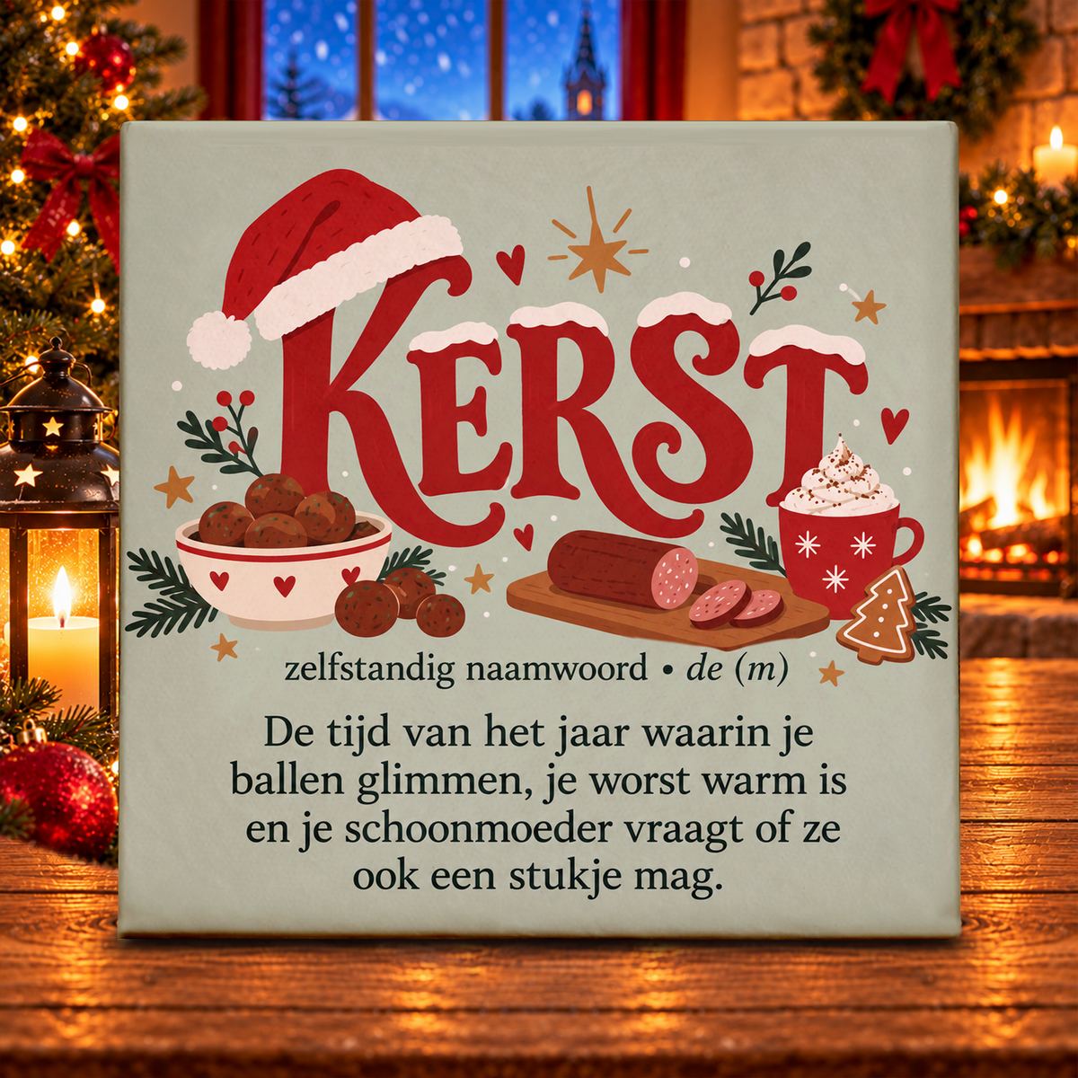 Grappig kerst tegeltje 11x11 cm met tekst over ballen glimmen, worst warm en schoonmoeder, met rode kerstletters, kerstmuts en groene achtergrond.