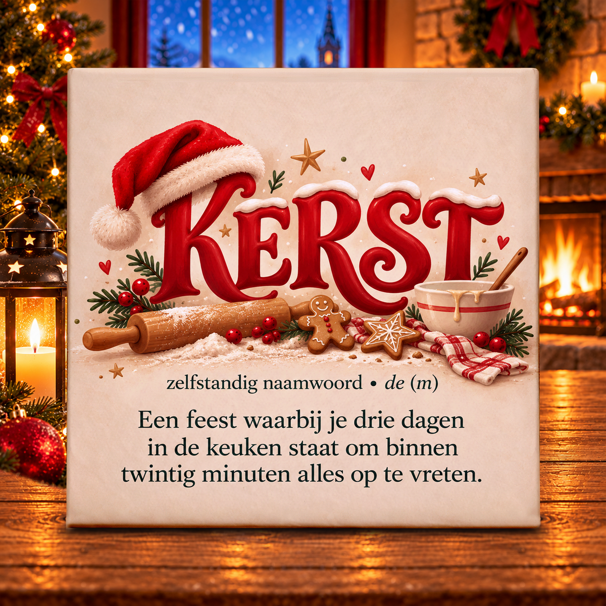 Grappig keramisch kerst tegeltje 11x11 cm met tekst over drie dagen koken en twintig minuten eten, rode kerstletters, kerstmuts, deegroller en kerstkoekjes.