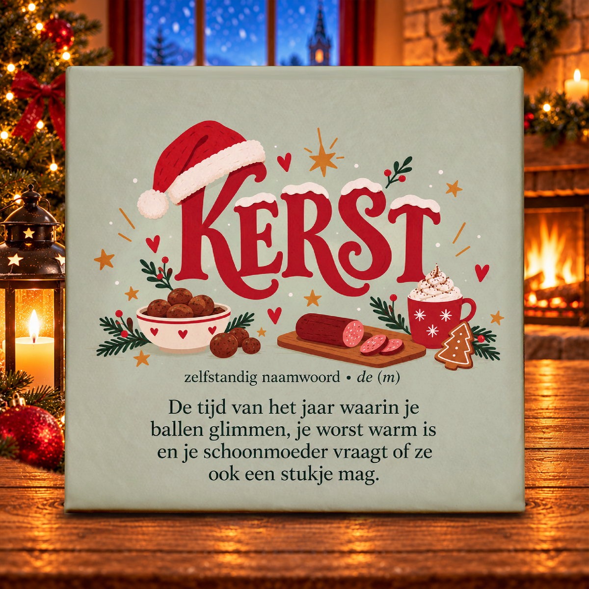 Grappig keramisch kerst tegeltje 11x11 cm met ondeugende kerst definitie, rode kerstletters op groene achtergrond met kerstmuts, kerstballen, worst en chocolademelk.
