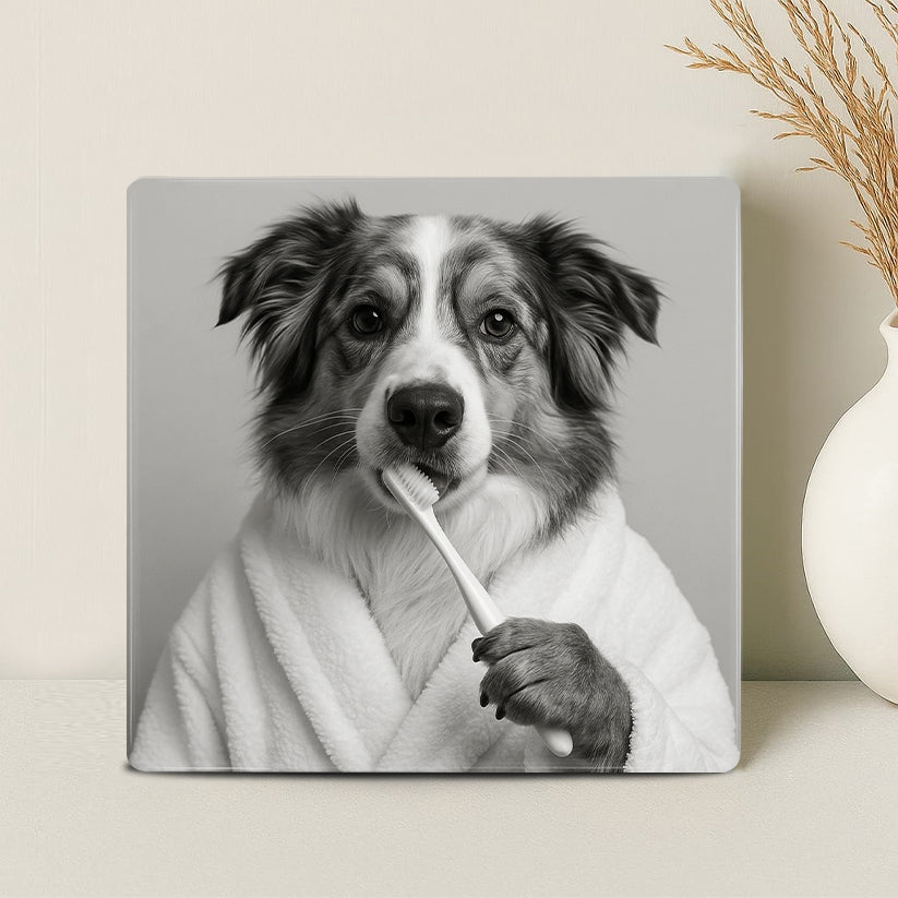 Humor Huisdier Portret Zwart Wit Serie - Tanden Poetsen - Printazzy