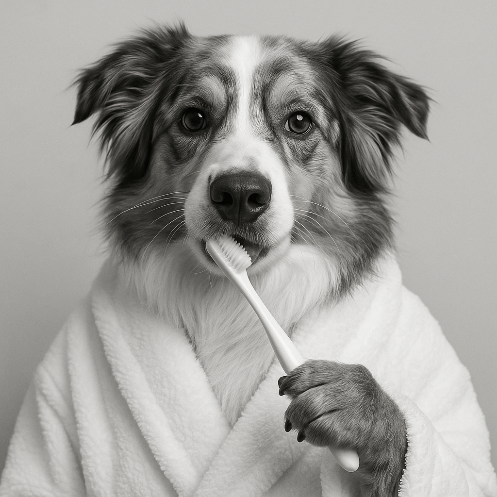 Humor Huisdier Portret Zwart Wit Serie - Tanden Poetsen
