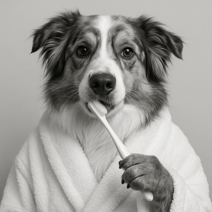 Humor Huisdier Portret Zwart Wit Serie - Tanden Poetsen