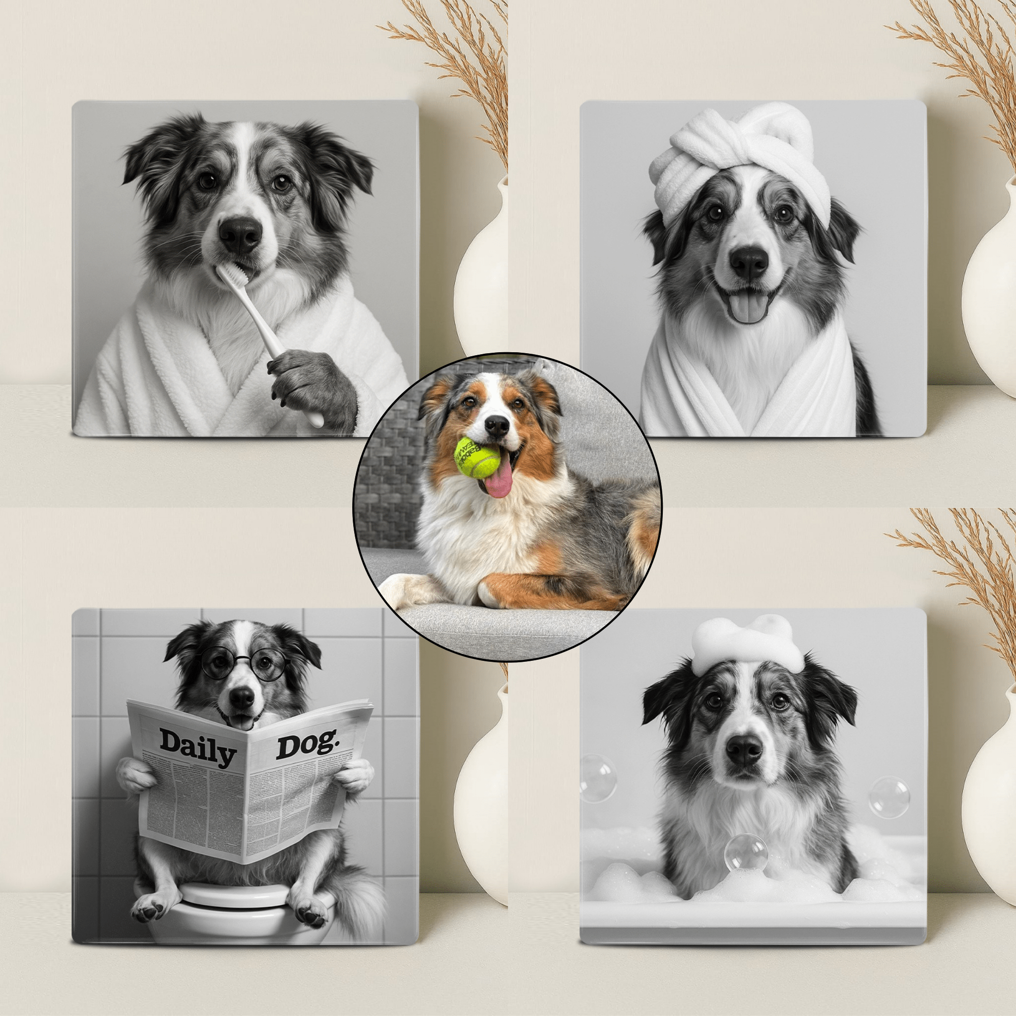 Humor Huisdier Zwart Wit Portret Serie van vier items - Badkamer