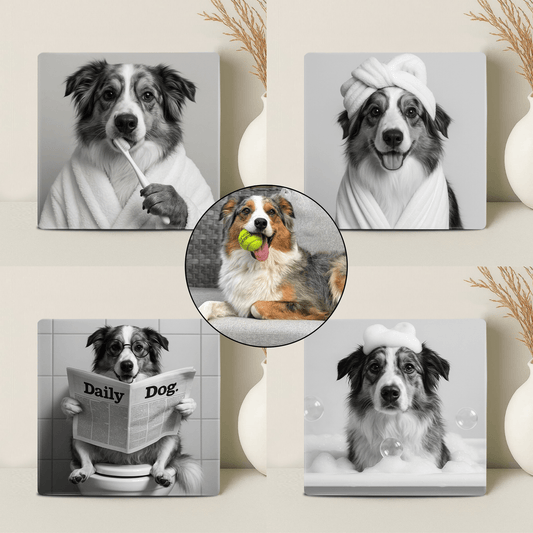 Humor Huisdier Zwart Wit Portret Serie van vier items - Badkamer