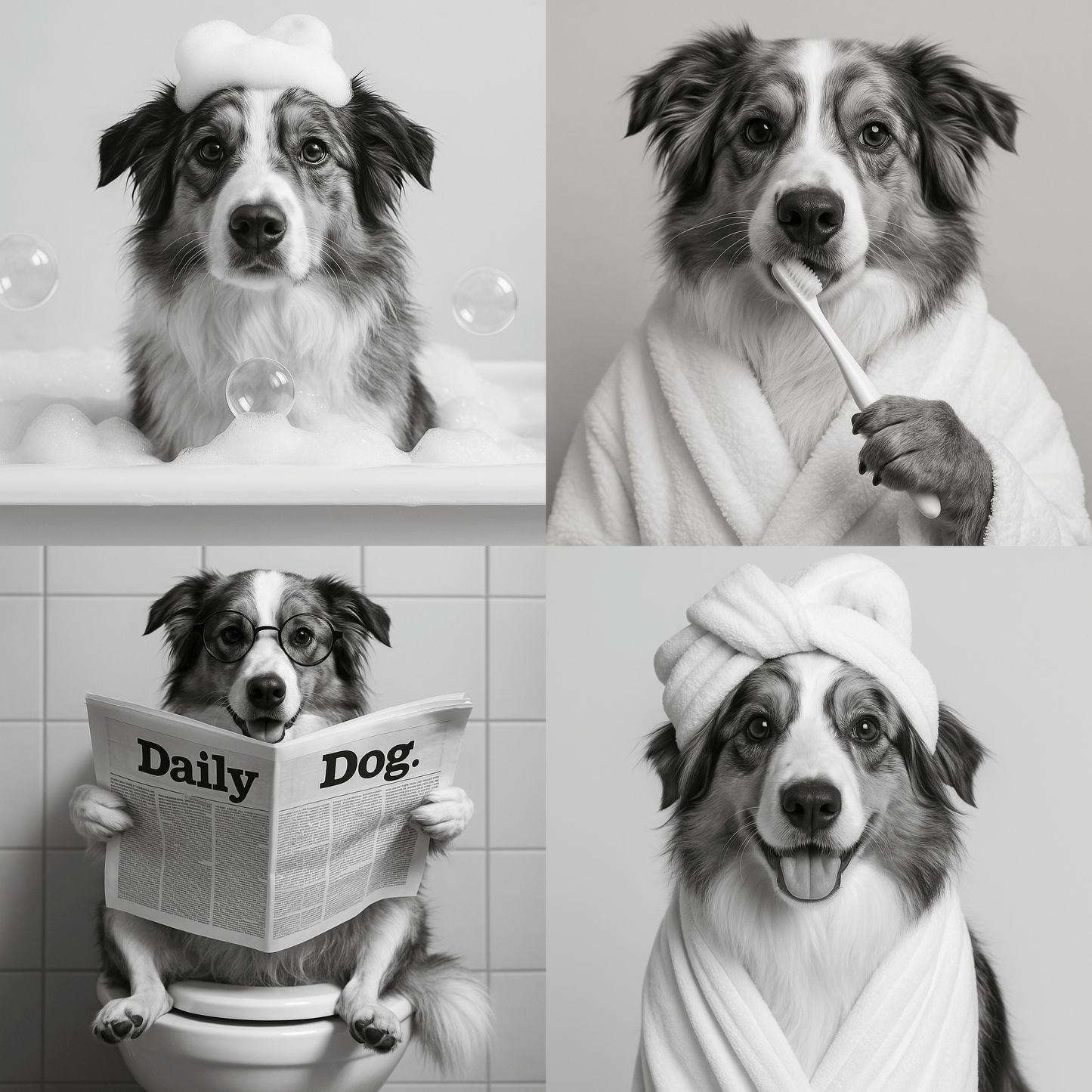 Humor Huisdier Zwart Wit Portret Serie van vier items - Badkamer