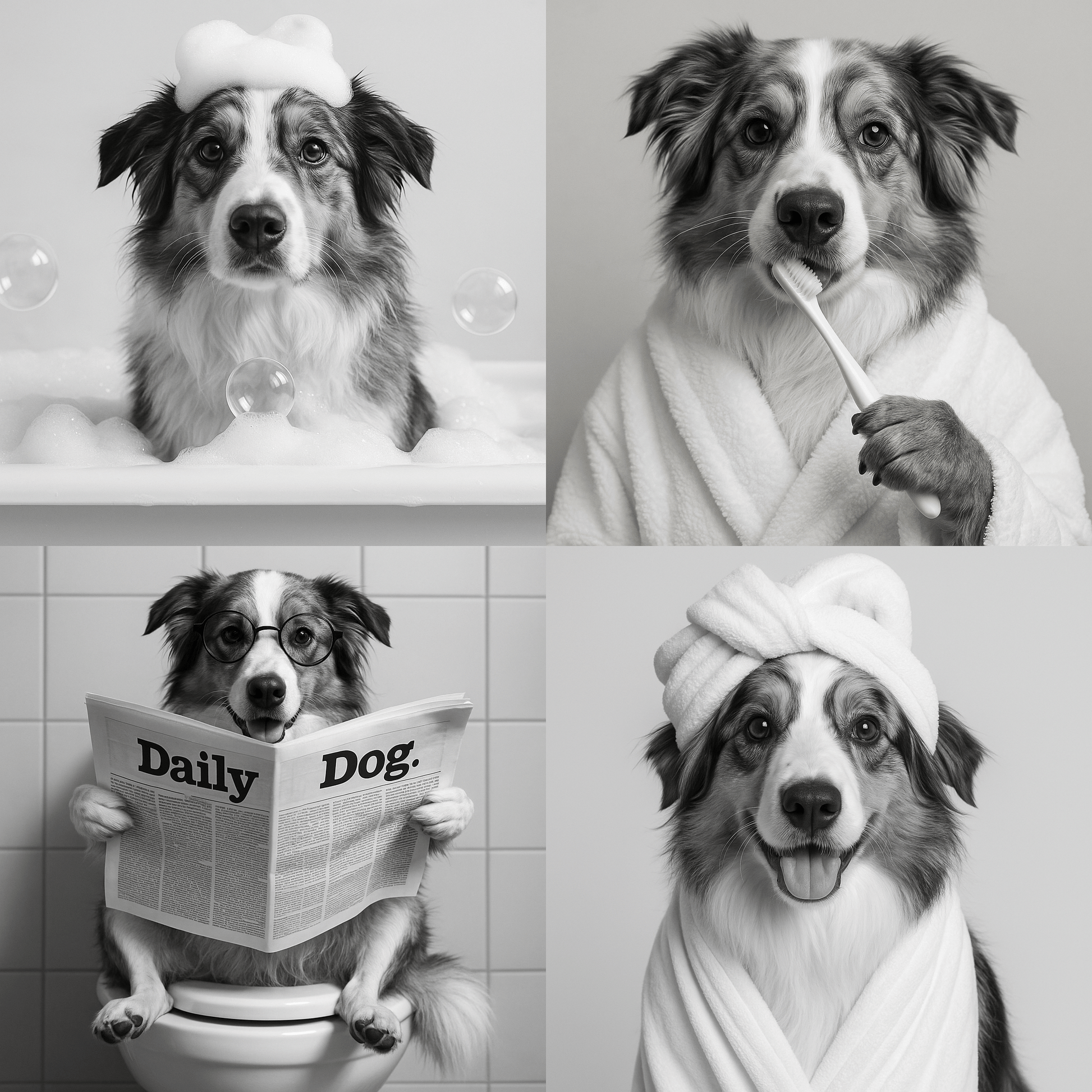 Humor Huisdier Zwart Wit Portret Serie van vier items - Badkamer