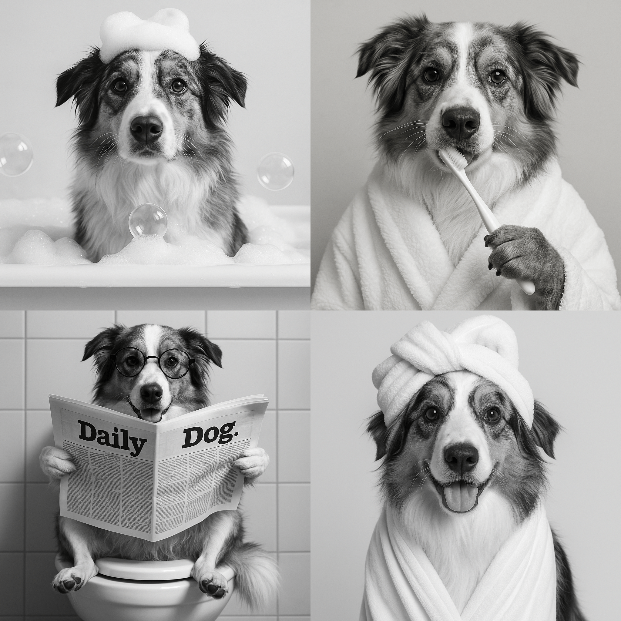Humor Huisdier Zwart Wit Portret Serie van vier items - Badkamer
