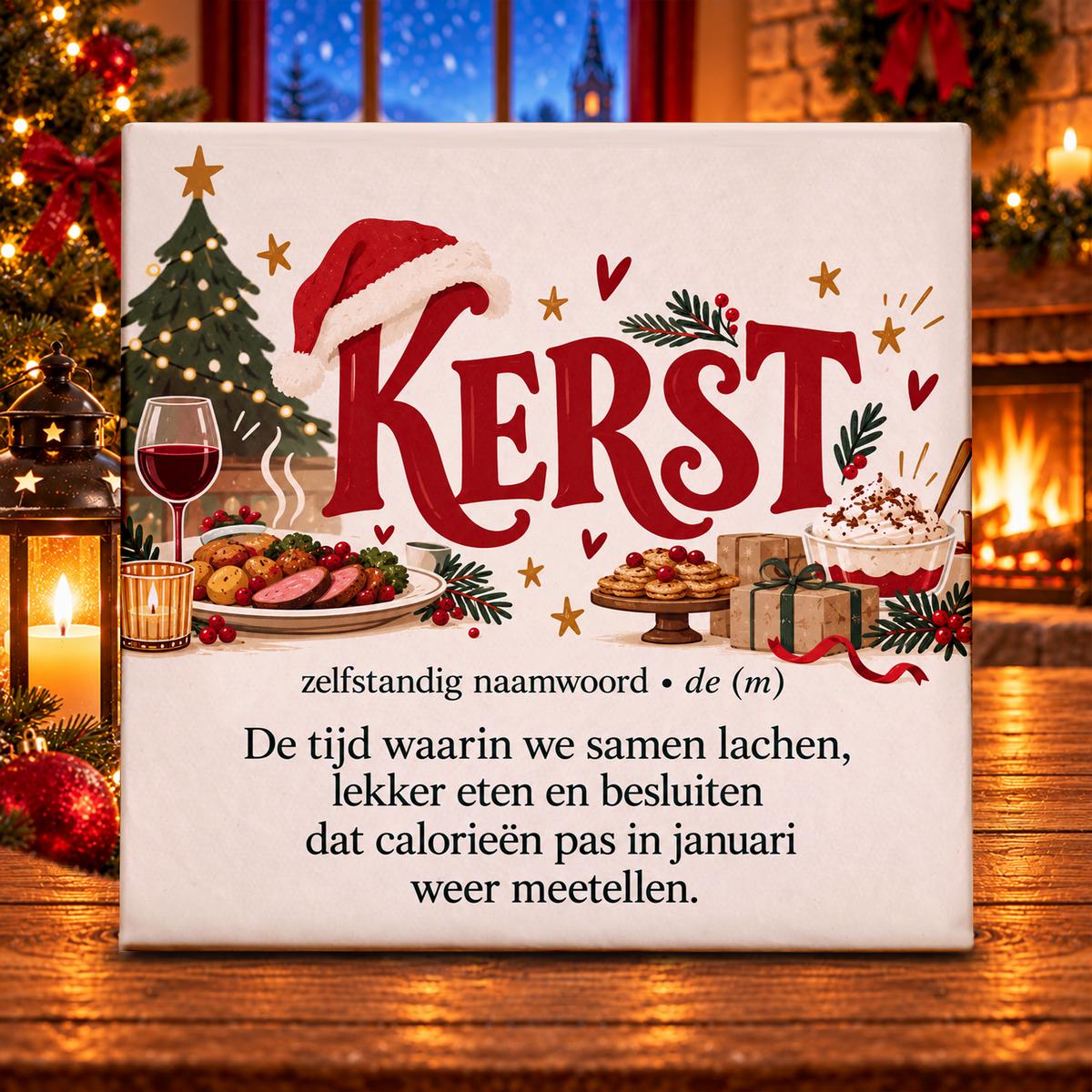 Grappig kerst tegeltje met tekst over calorieën tellen in januari, met kerstboom, kerstmuts, feestelijk kerstdiner en wijnglas. Keramisch tegeltje van 11x11 cm.