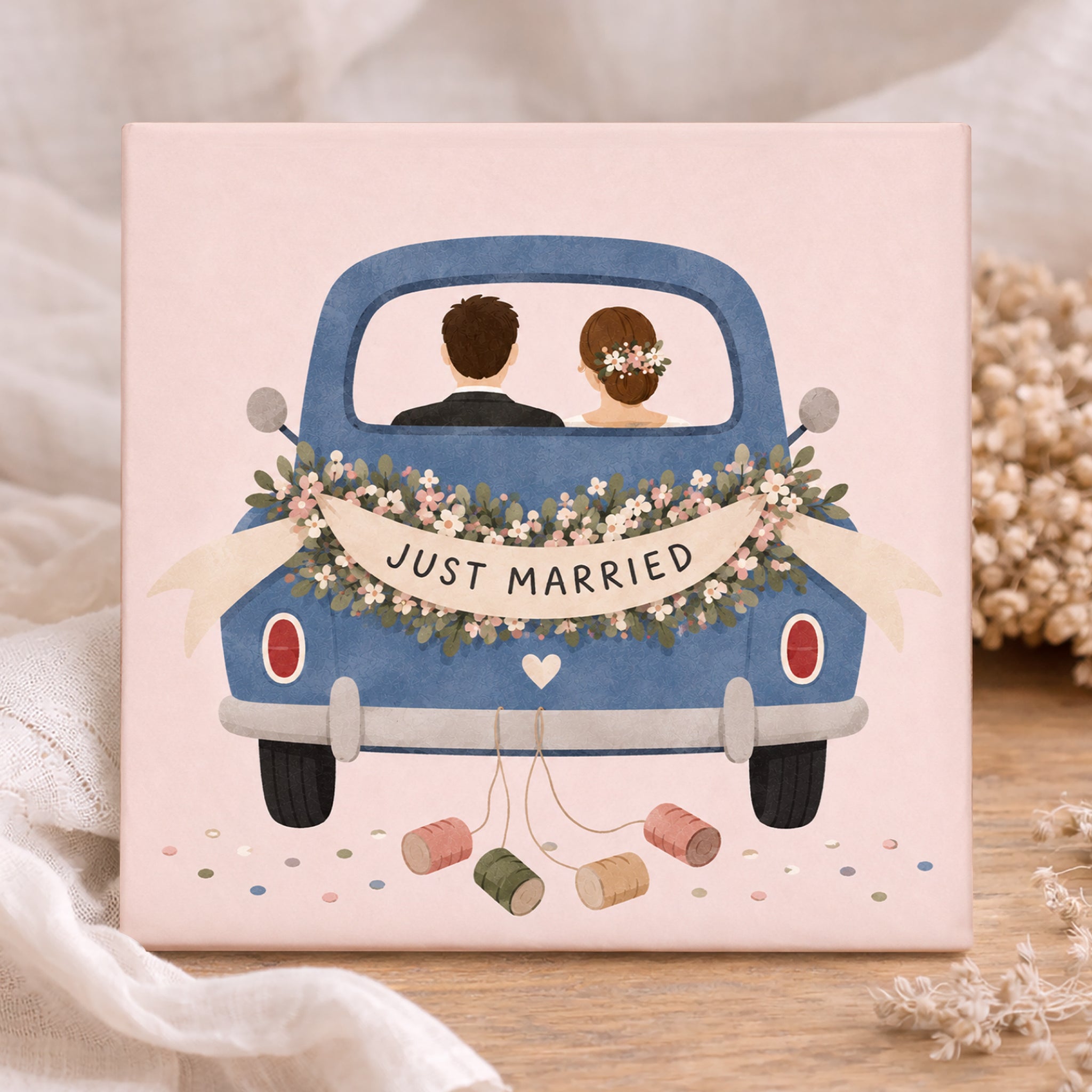 Trouwtegel - Just Married Oldtimer