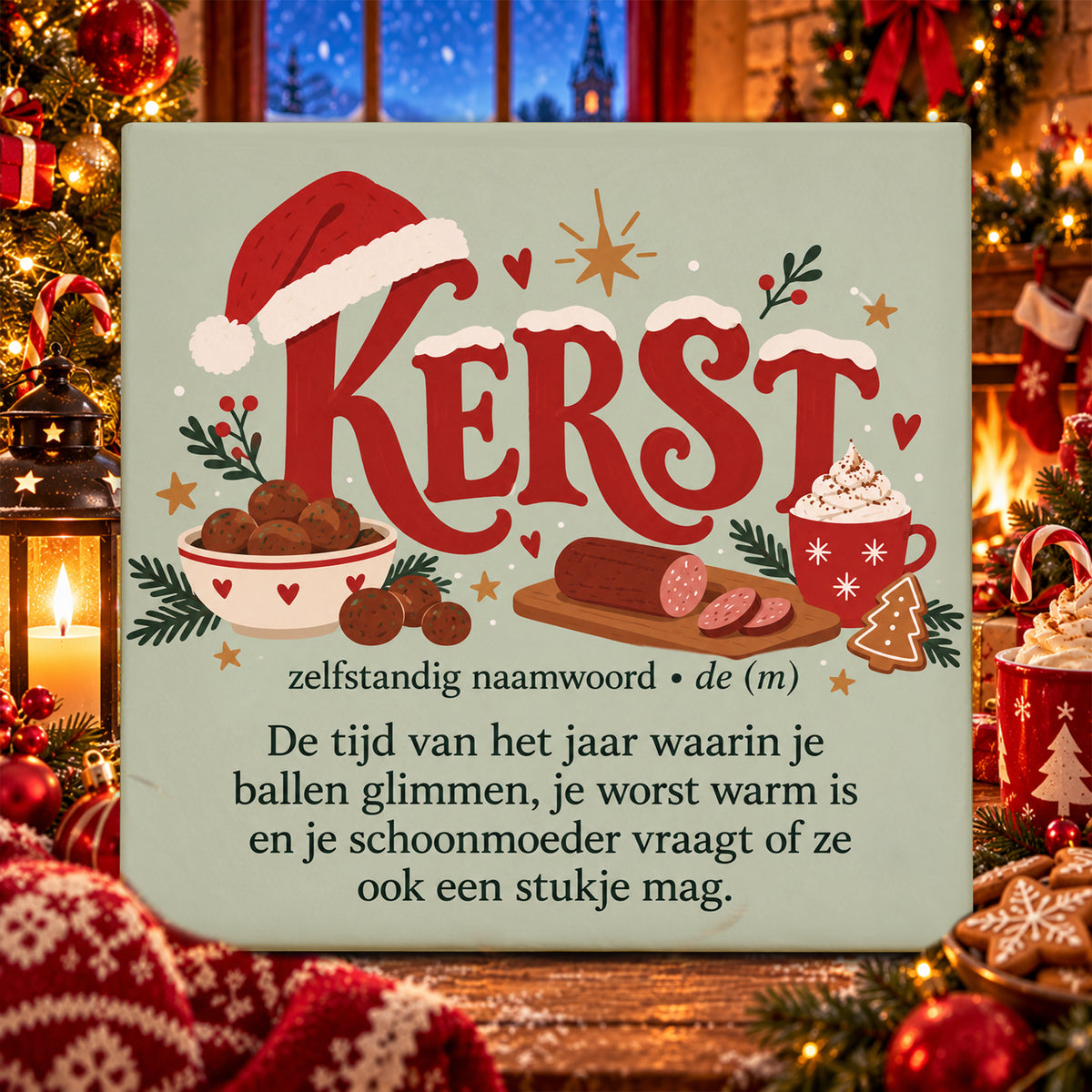Tegel - Kerstballen, worst en schoonmoeder
